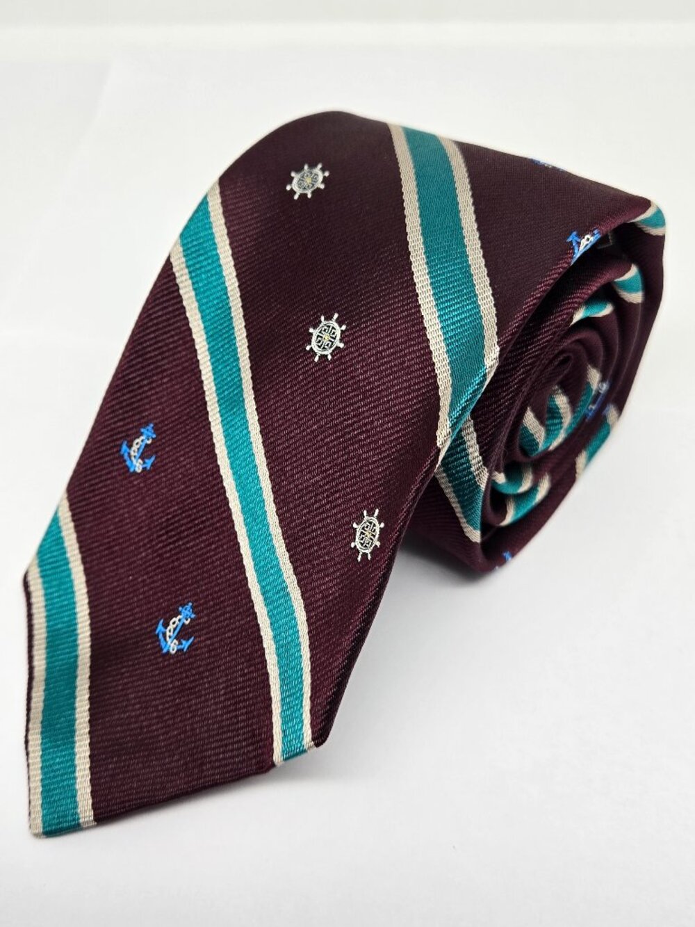 Vintage J S Blank Kleinhans Nautical Striped 100% Silk Mens Tie, Anchors, Helms